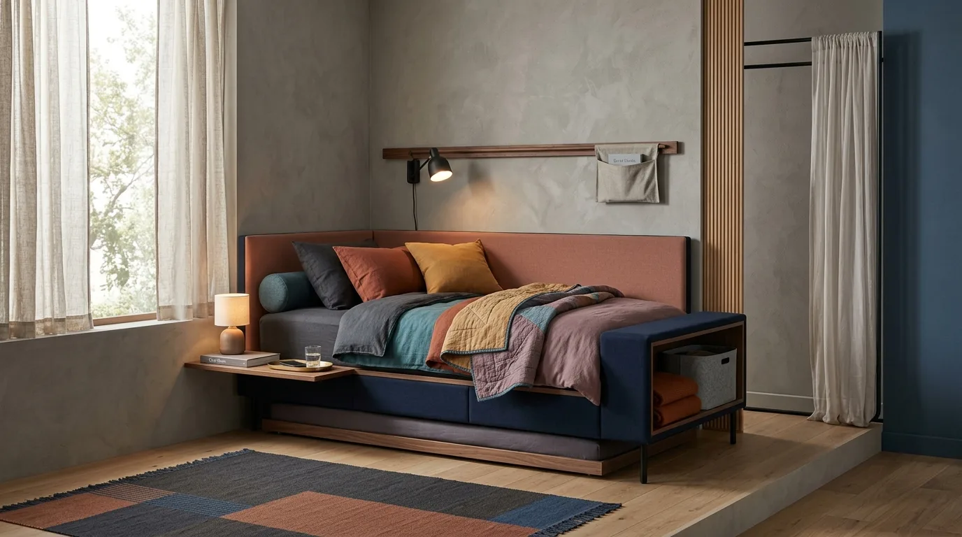 Daybed bedroom with a rust upholstered back, colorful layered bedding and a slim wall shelf on a raised platform
