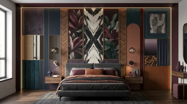 Master bedroom accent wall combining marble, botanical mural, wood chevron and panel finishes behind a charcoal bed