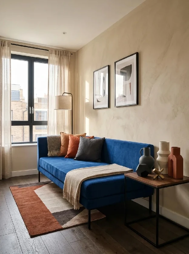 Blue armless daybed frame with rust and grey cushions against a beige plaster wall