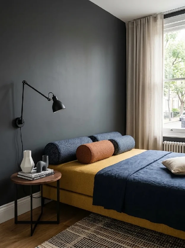 Mustard daybed with navy and rust bolster pillow backing against a charcoal wall