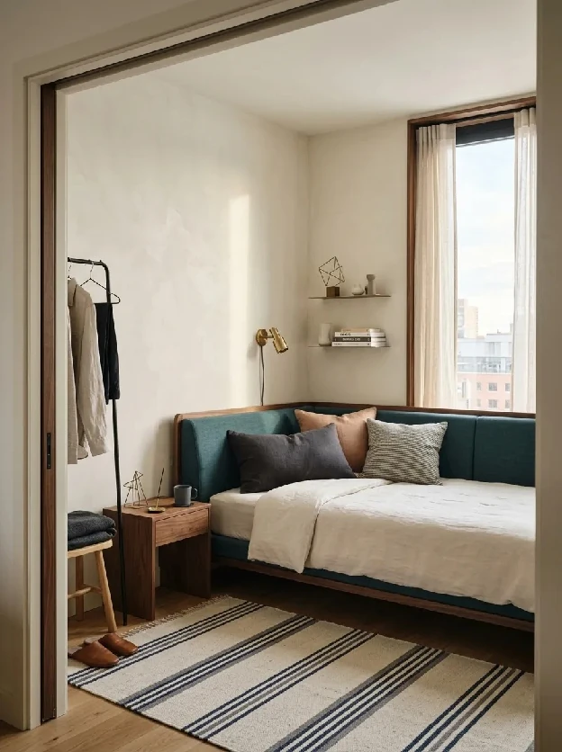 Corner daybed nook with a teal frame, cream bedding and patterned cushions by a window