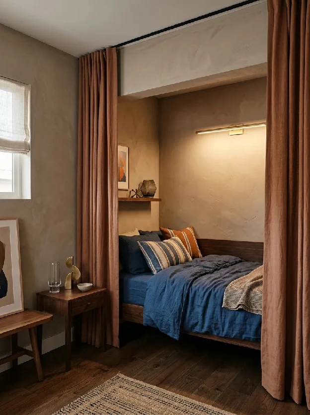 Daybed tucked into a curtained alcove with rust drapes and blue bedding