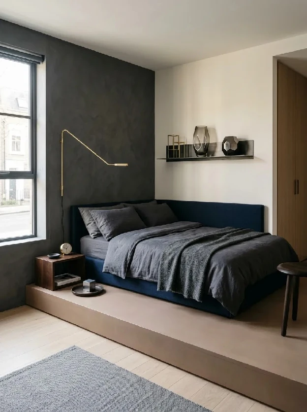 Navy daybed set on a raised accent platform against a charcoal wall