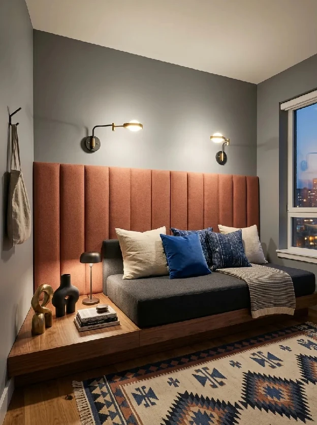 Daybed with a tall rust channel tufted backrest panel, blue cushions and a patterned rug