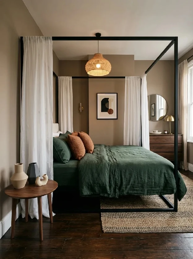 Black metal daybed canopy frame with sheer white curtains and green linen bedding