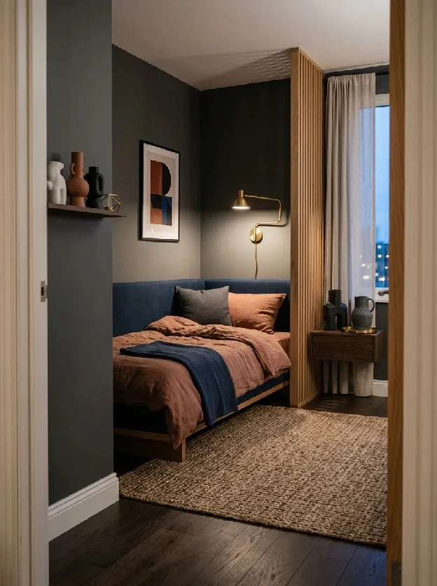 Daybed with rust bedding behind a wood slat privacy screen in a charcoal bedroom