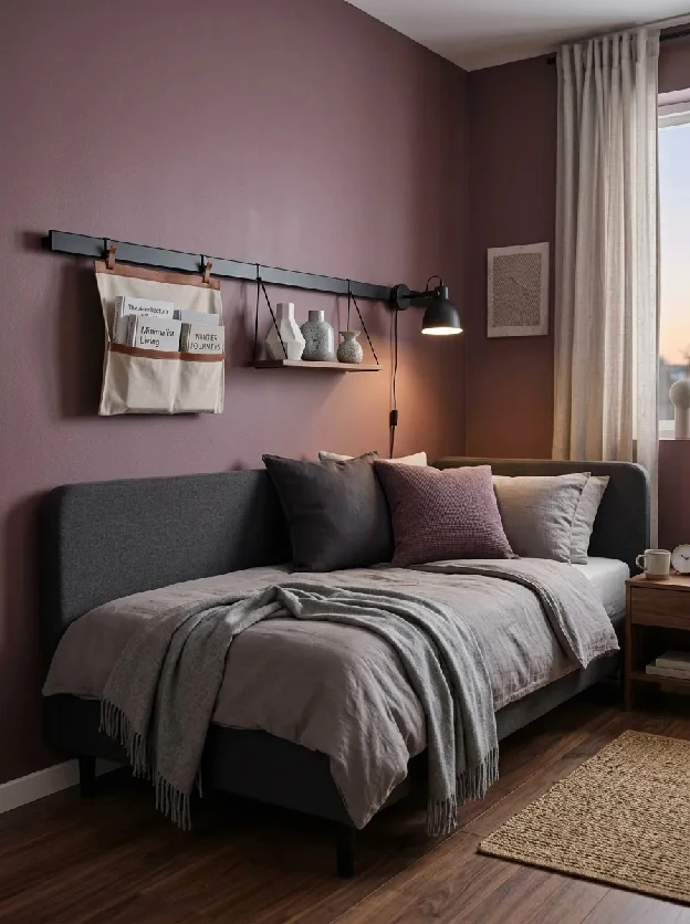 Grey daybed below a wall mounted reading rail with a hanging organizer and lamp on a mauve wall