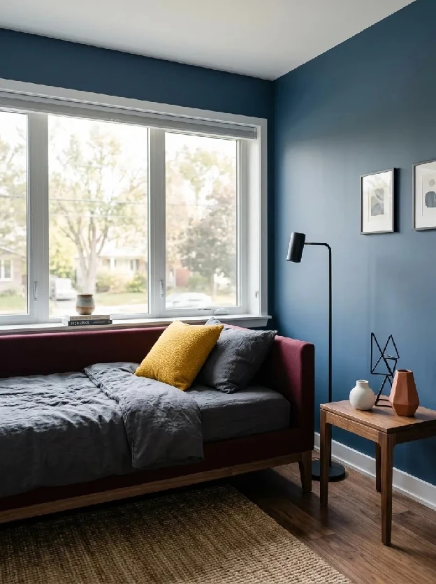 Burgundy daybed aligned beneath a wide window with grey bedding and a mustard cushion