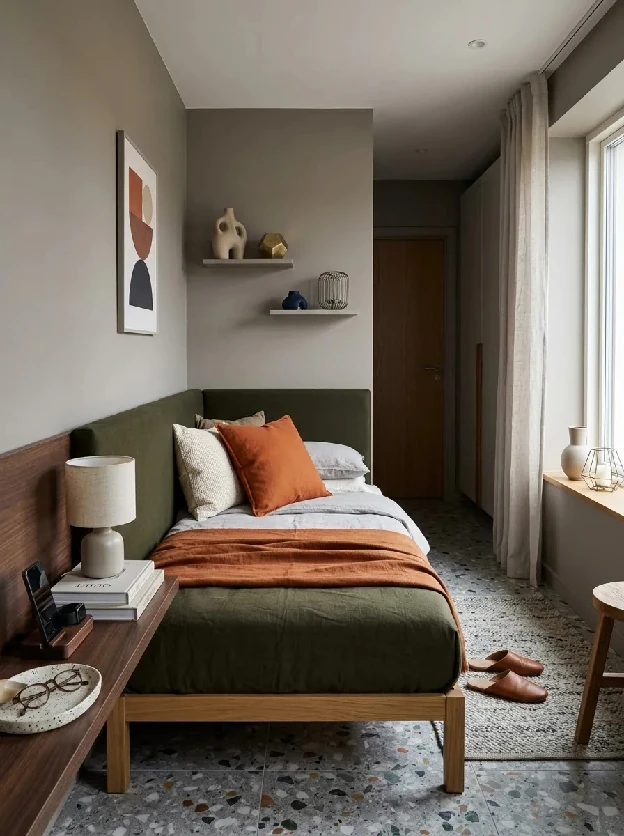 Olive daybed with a walnut end shelf extension holding a lamp and books