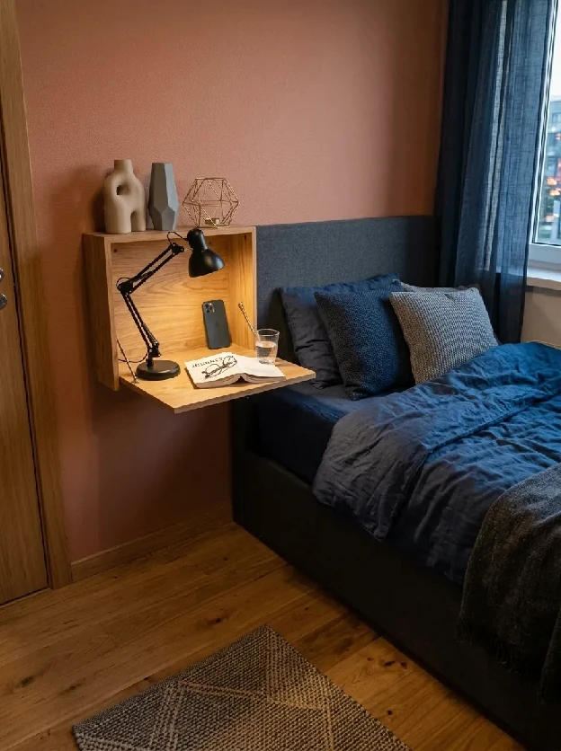 Wooden fold down bedside shelf holding a desk lamp and phone beside a daybed with navy bedding