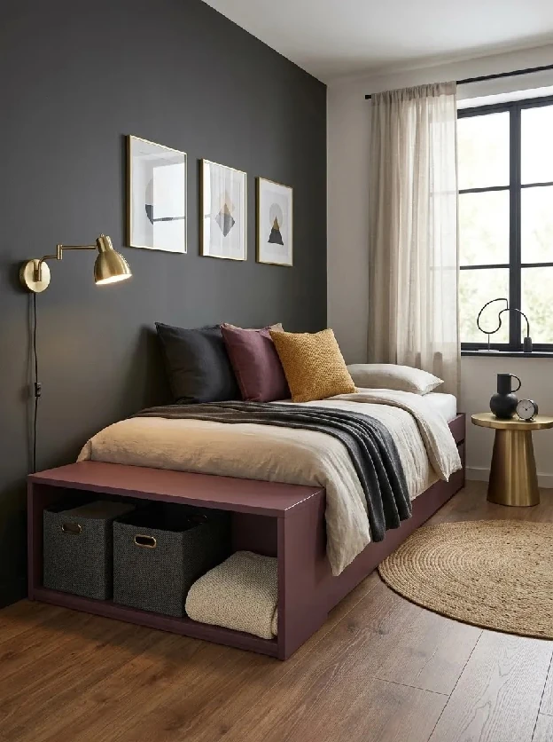 Daybed with a plum footboard storage cubby holding fabric bins below a row of framed prints