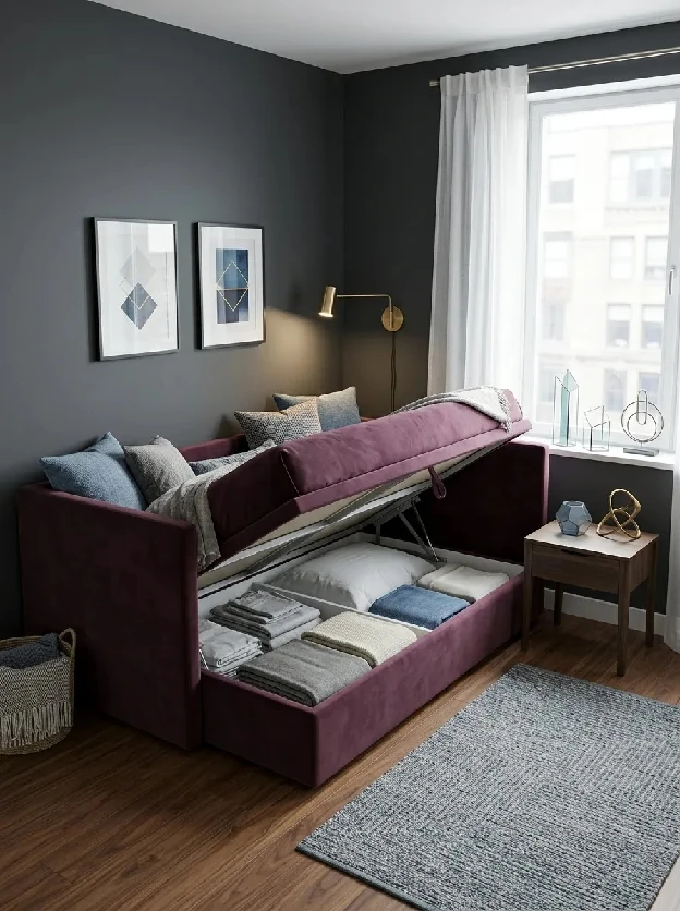 Plum daybed with its lift up base open to show folded linens stored inside