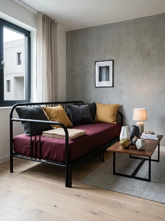 Black open frame metal daybed with a burgundy mattress and mustard cushions