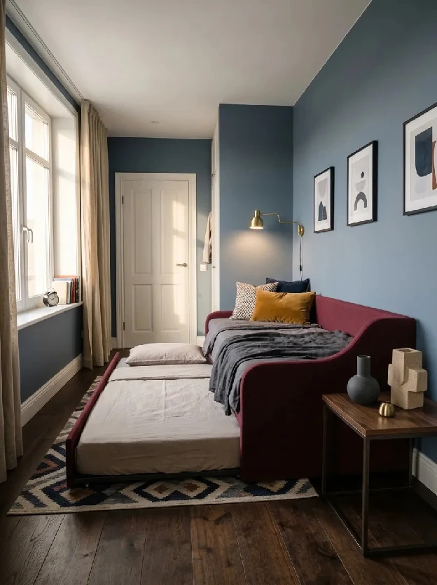 Burgundy daybed with a pullout guest mattress extended in a narrow blue bedroom
