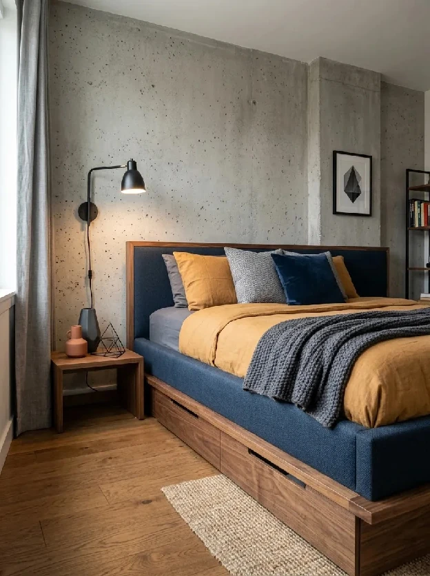 Navy daybed on a raised walnut base with storage drawers against a concrete wall