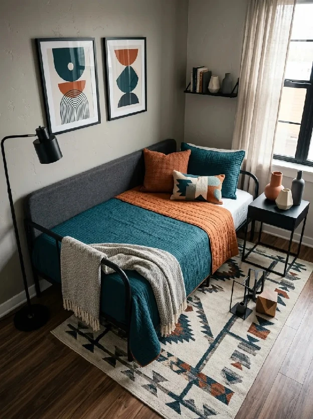 Metal daybed with a reversible teal and rust cover and a patterned rug