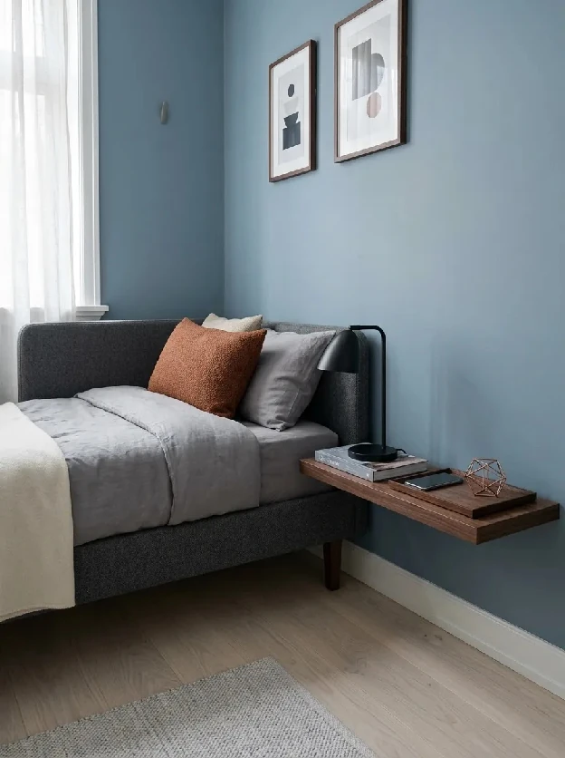 Grey upholstered daybed with a slim wall mounted wood side ledge against a blue wall