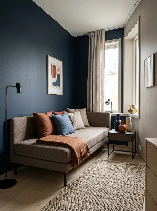 Wall hugging daybed in taupe upholstery against a navy wall with rust and blue cushions