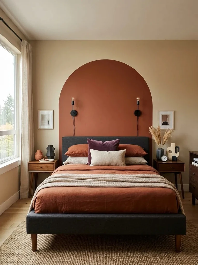 Terracotta arched color block painted behind the headboard on a warm beige bedroom wall