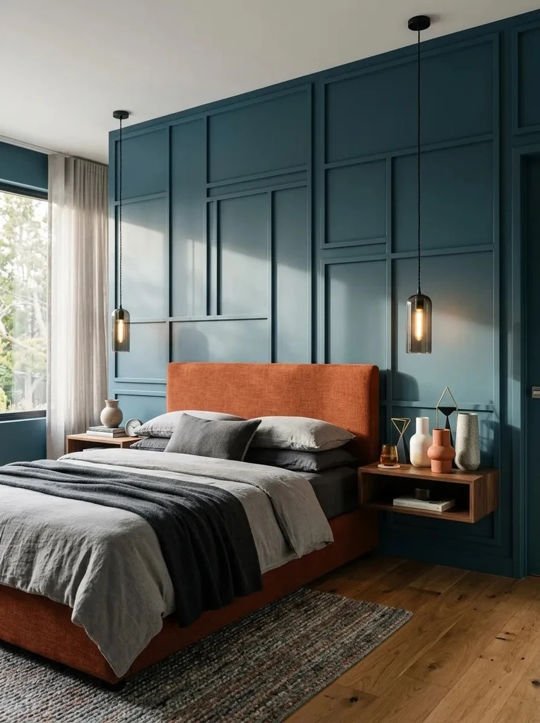 Teal accent wall with an asymmetrical molding layout behind a rust upholstered bed