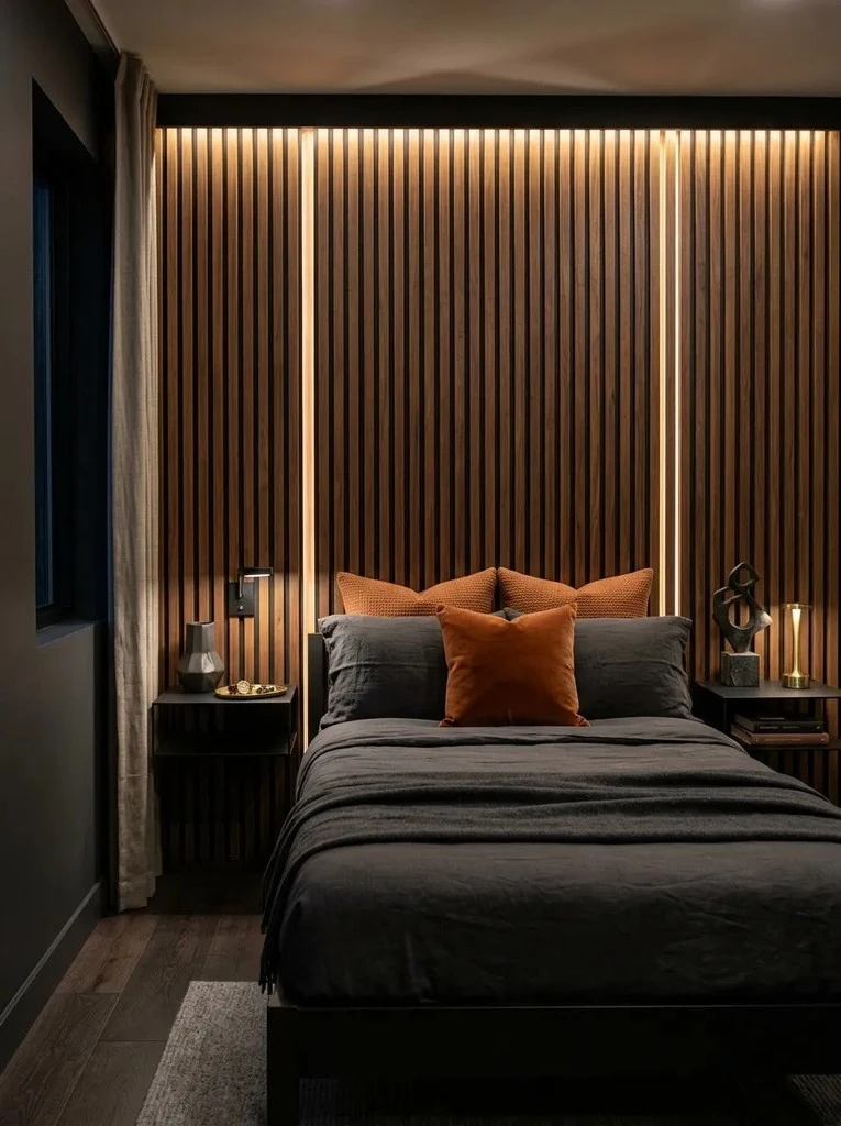 Backlit wood slat wall with vertical LED strips behind a charcoal bed with rust pillows