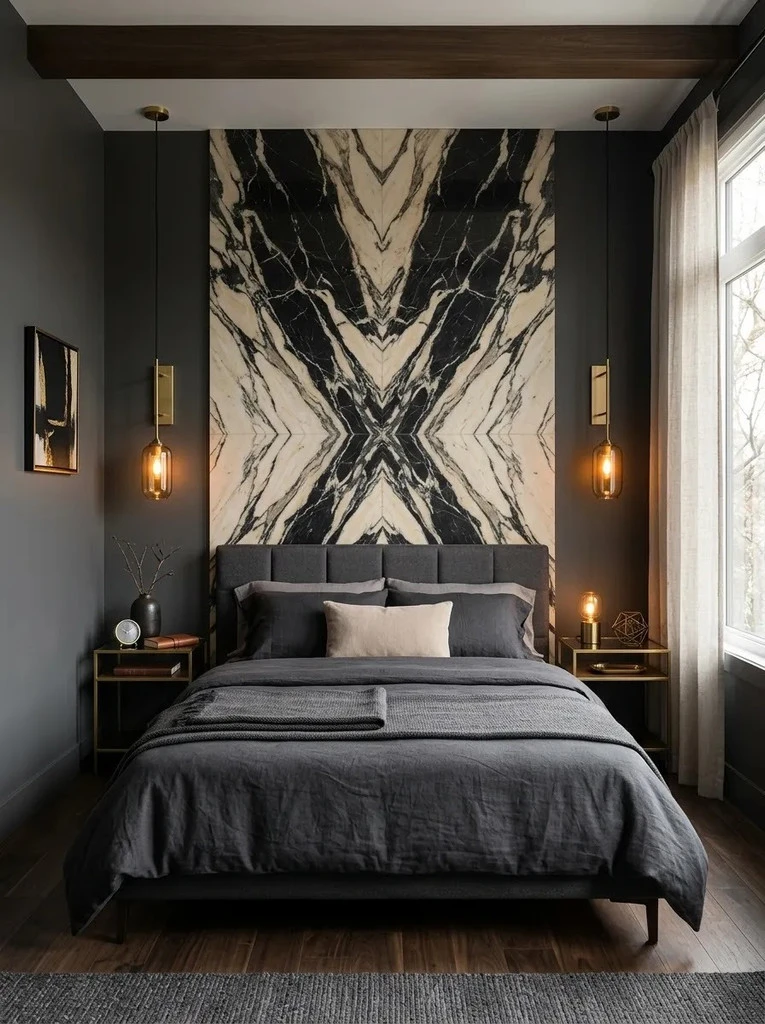 Bookmatched black and white marble mural behind a charcoal upholstered bed with brass pendant lights
