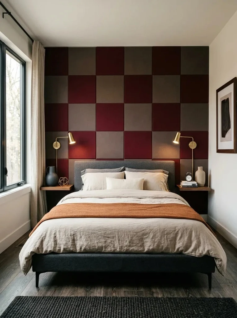 Burgundy and taupe checkerboard wall panels behind a charcoal bed with a rust throw