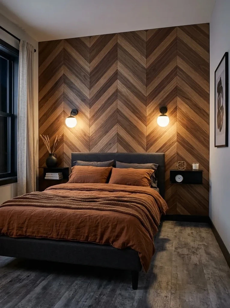 Chevron wood inlay accent wall with twin wall sconces behind a bed with rust bedding