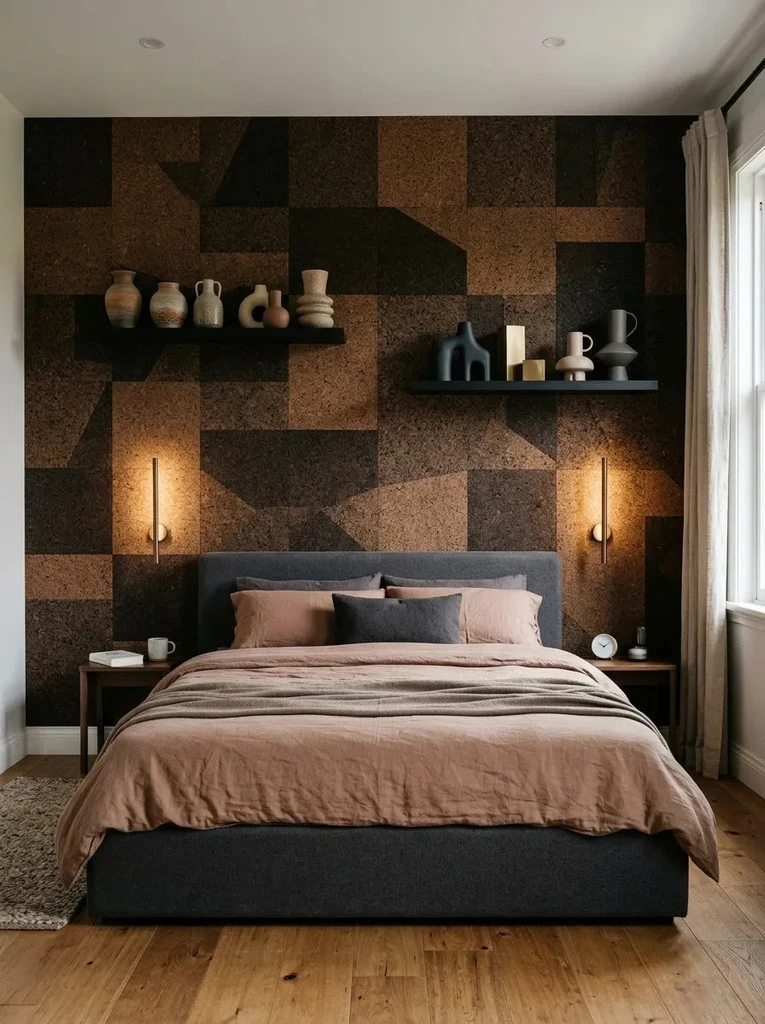 Geometric cork mosaic wall with floating shelves behind a bed with blush linen