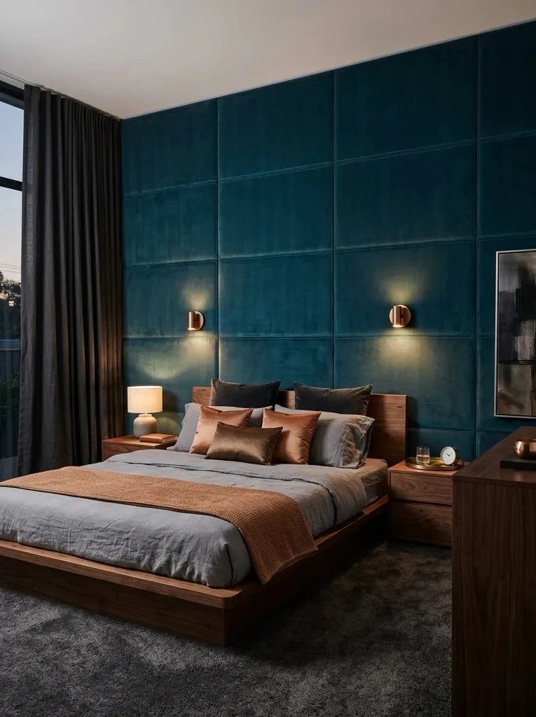 Teal fabric wrapped wall panels with copper sconces behind a low walnut platform bed