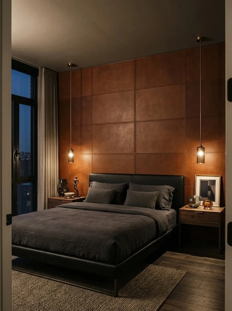 Cognac faux leather tiles on the accent wall behind a dark upholstered bed with pendant lights