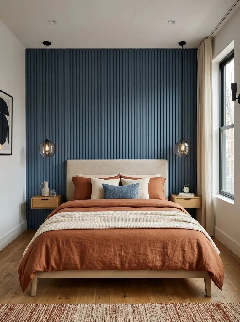 Navy fluted panel backdrop behind a bed with terracotta linen and glass pendant lights