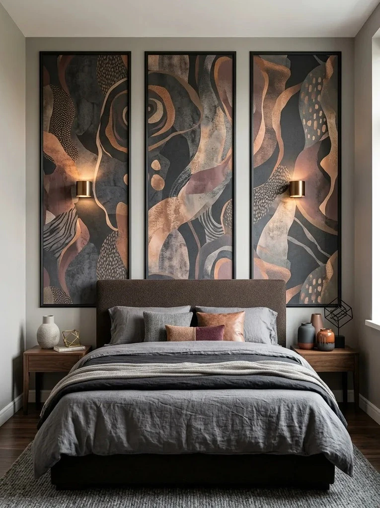 Three framed wallpaper panels in abstract copper and charcoal above a grey upholstered bed