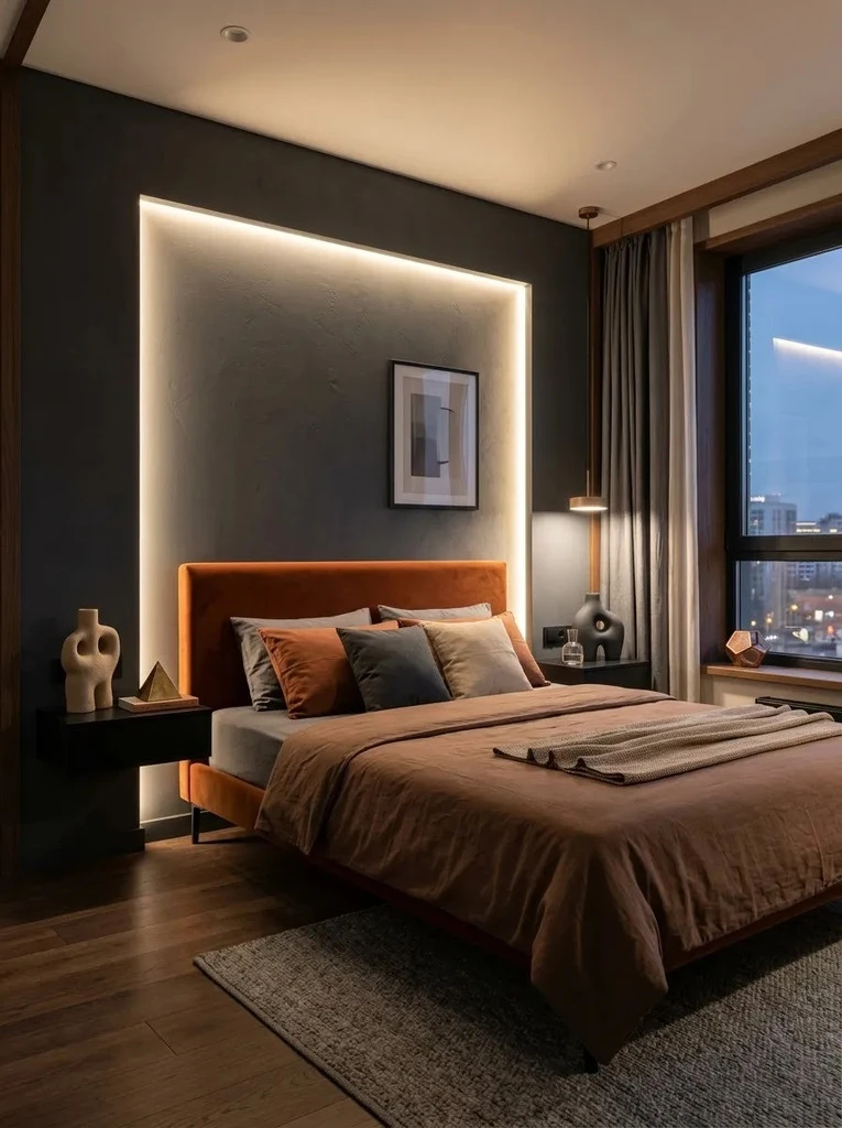 Charcoal accent wall with an inset LED border framing a rust velvet bed