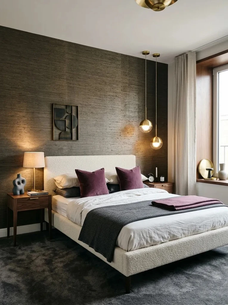 Metallic grasscloth accent wall behind a cream boucle bed with plum pillows and brass pendants