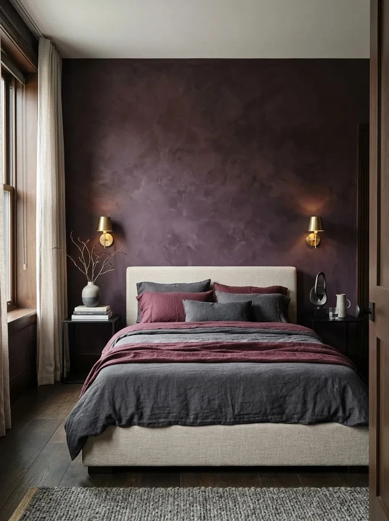 Moody plum limewash finish on the accent wall behind a cream upholstered bed with brass sconces
