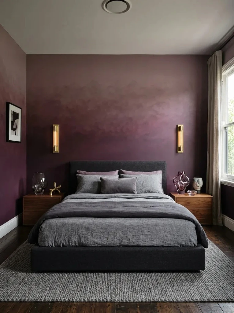 Plum ombre painted wall fading upward behind a charcoal bed with brass sconces