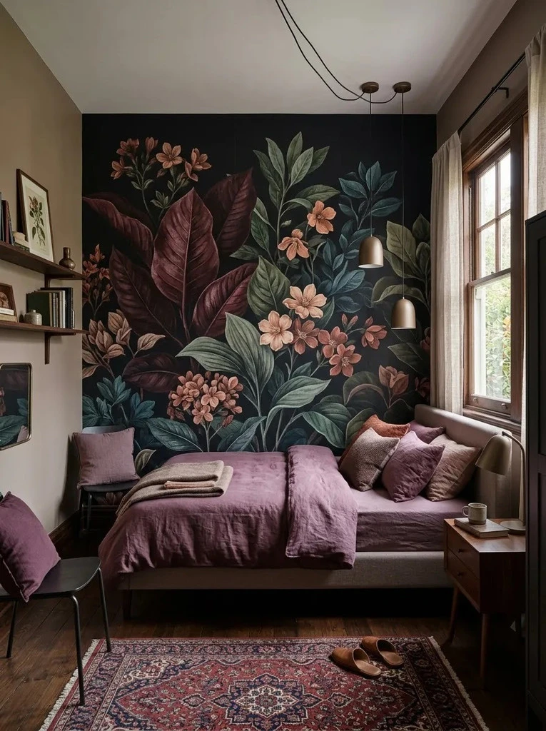 Oversized dark botanical mural with plum and coral flowers behind a bed dressed in plum linen