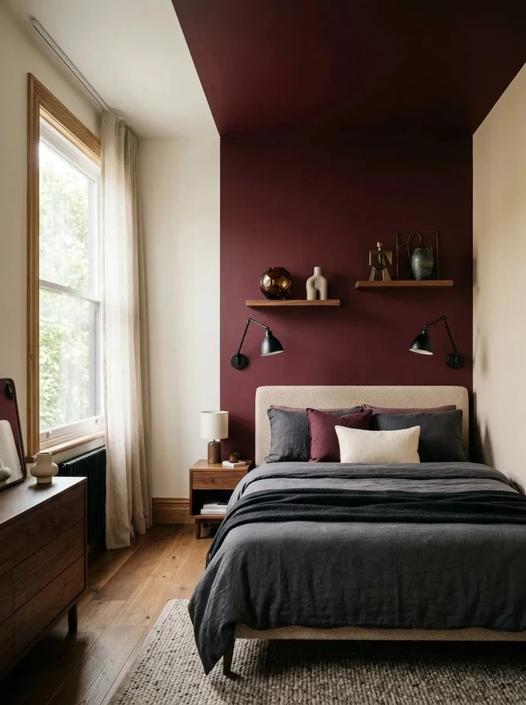 Burgundy paint wrapping from the wall onto the ceiling above a bed with charcoal bedding