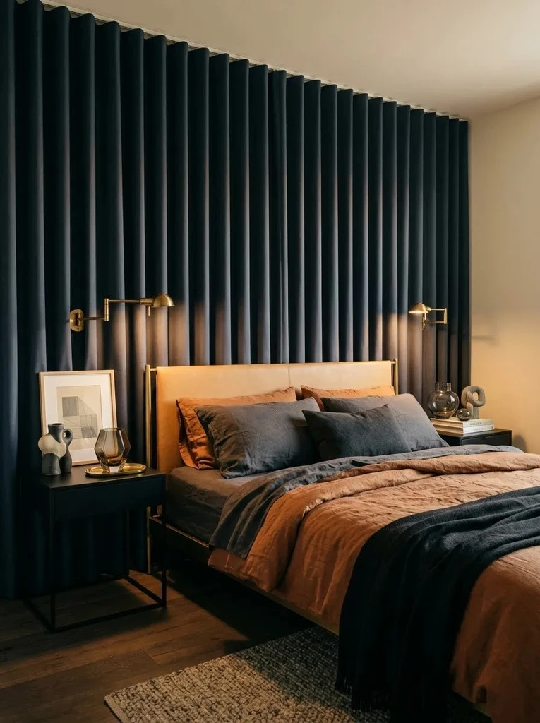 Navy pleated fabric backdrop with brass swing arm lamps behind a bed with rust bedding