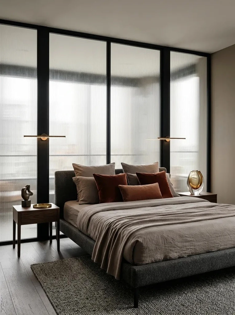 Floor to ceiling reeded glass panels in black frames behind a bed with rust and grey linen