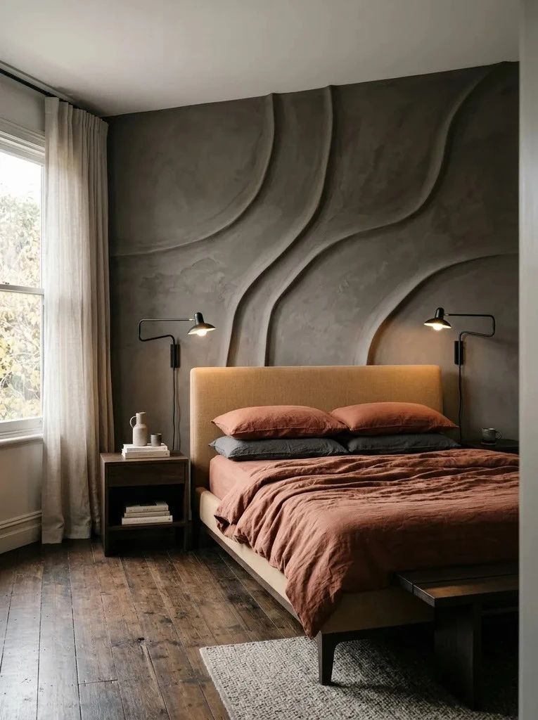 Sculpted plaster relief wall with flowing curves above a bed with rust linen bedding