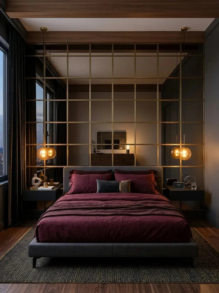 Smoked mirror grid framed in brass behind a bed with burgundy bedding and globe pendants