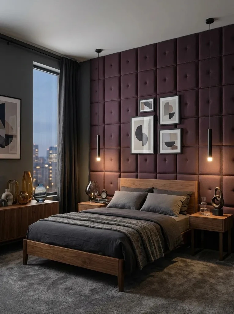 Tufted plum upholstered wall grid with a framed art cluster behind a walnut bed