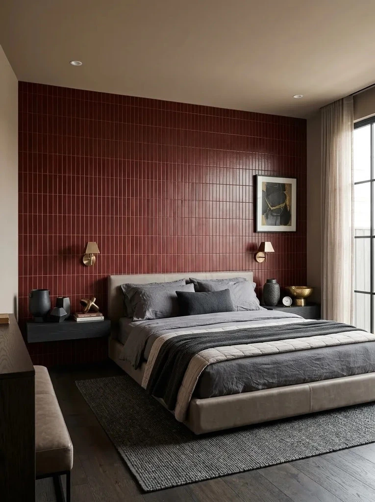 Burgundy vertical tile feature wall behind a grey upholstered bed with brass sconces